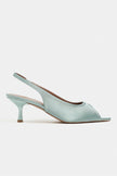 SALVA Turquoise Satin Pointed Toe Open Front Women’s Heels