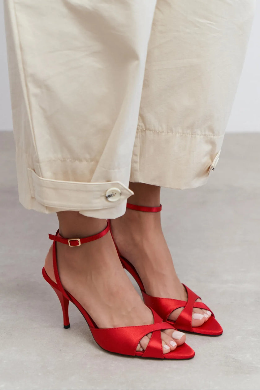 MONICA Red Satin Ankle Strap Detail Women’s Stiletto Heels