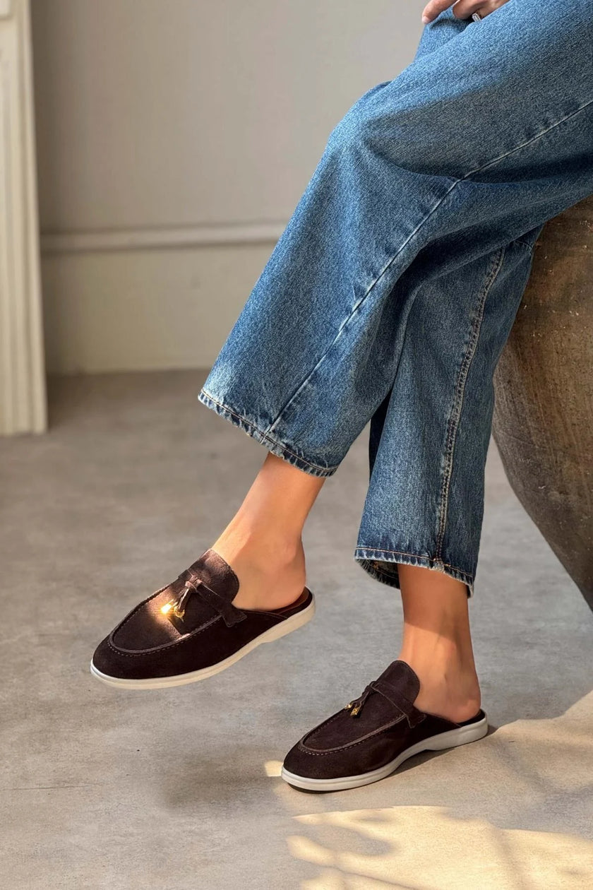 Most Brown Suede Genuine Leather Tassel Detail Flat Sole Women's Slippers