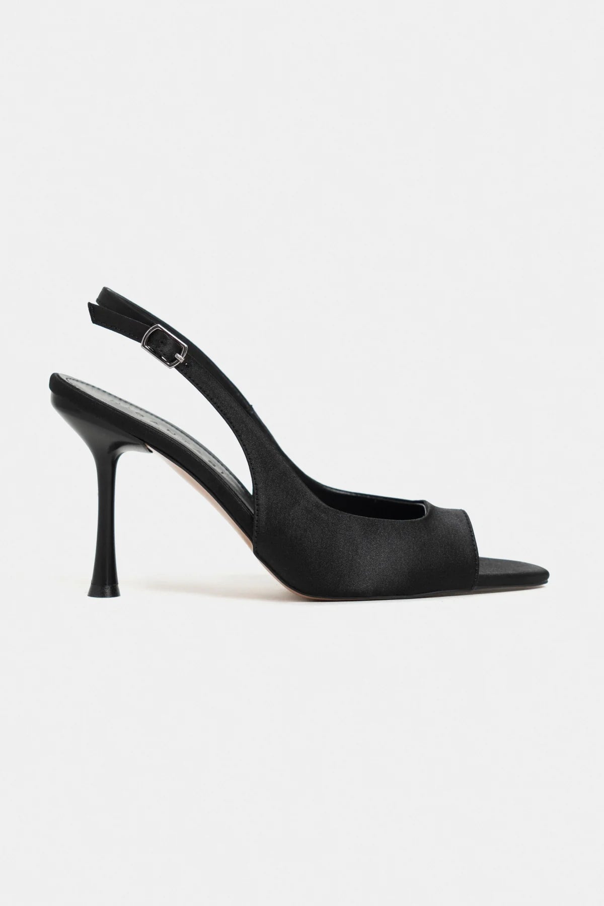 MAIA Black Satin Pointed Toe Open Front Women’s Heels