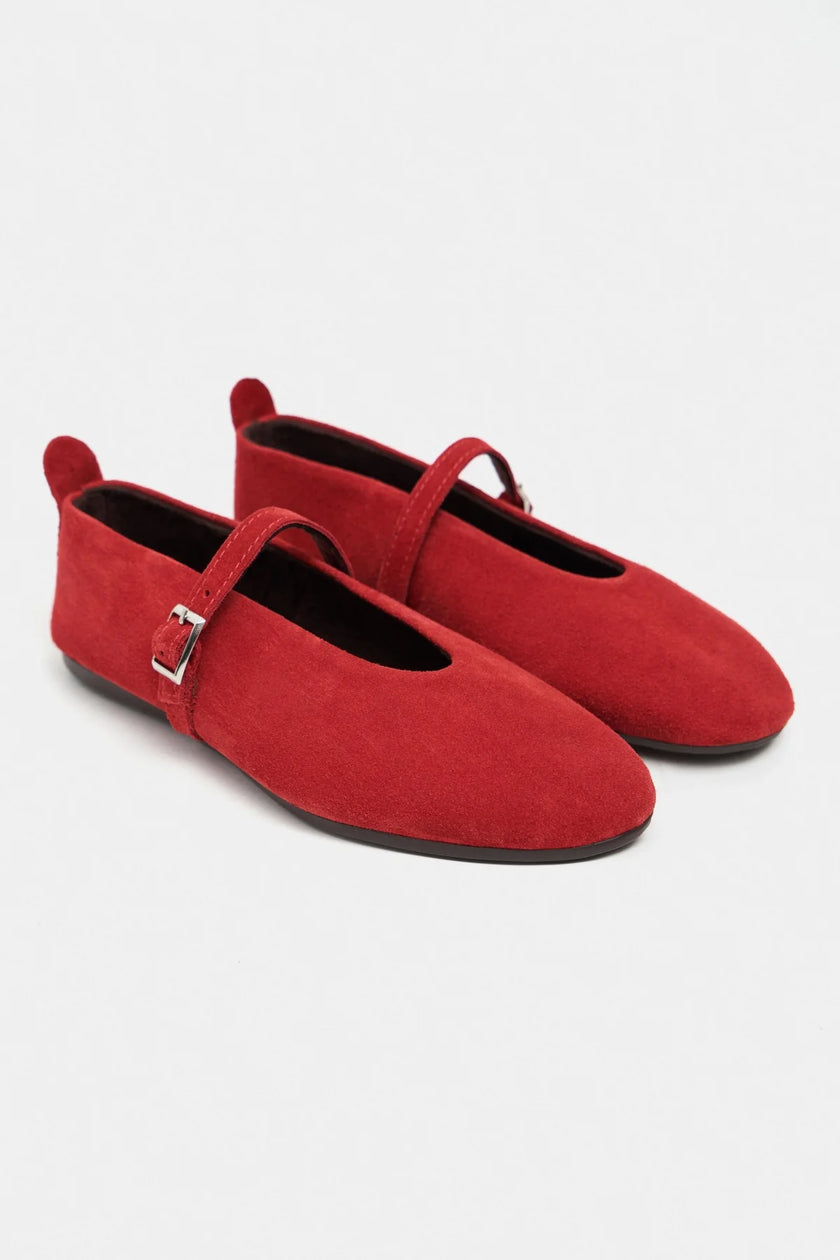 MERA Red Suede Buckle Detail Genuine Leather Women’s Flat Ballet Shoes
