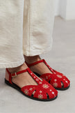 UTYA RED SUEDE Leather Embroidery Detail Flat Women’s Sandals