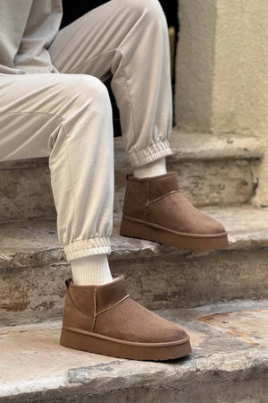 Mini – Dark Beige Suede Fur-Lined Platform Ankle Boots