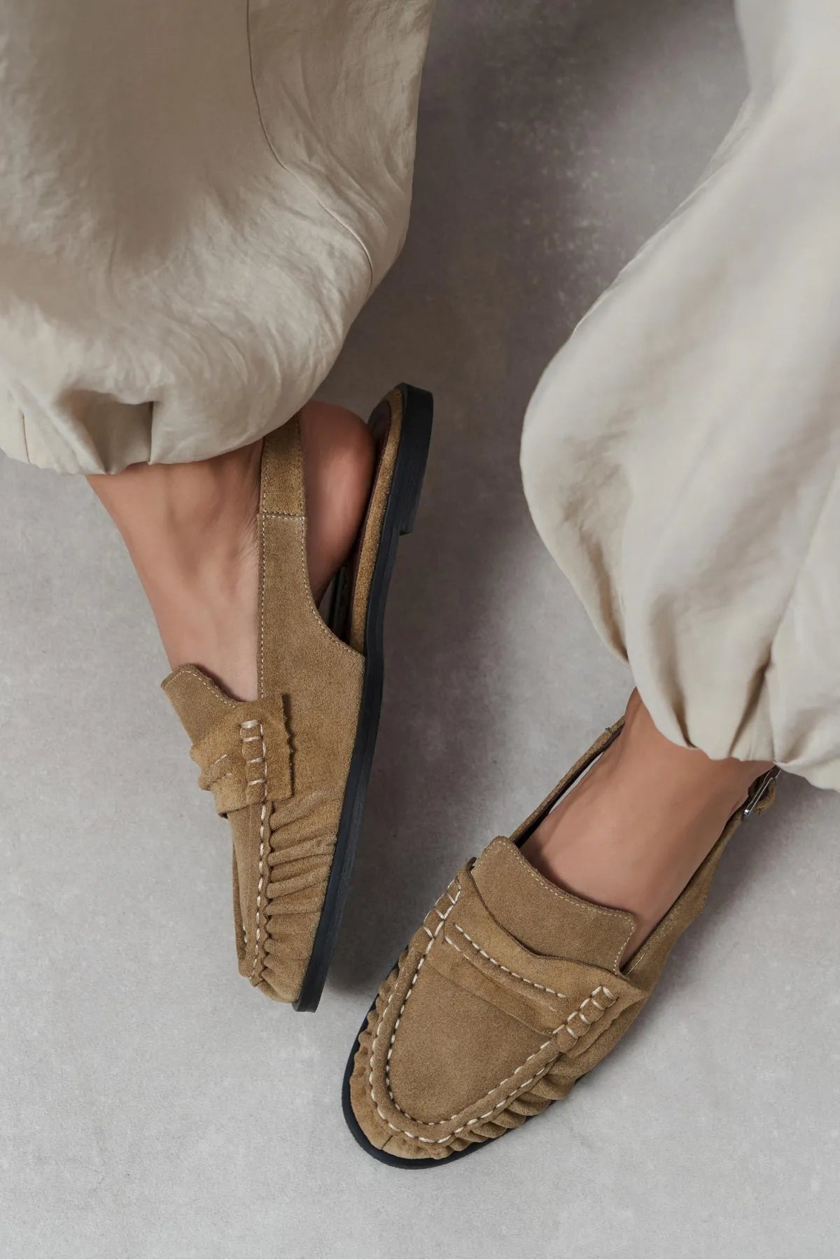 MOSBY Rome Beige Suede Buckle Detail Women’s Flat Loafer Slippers