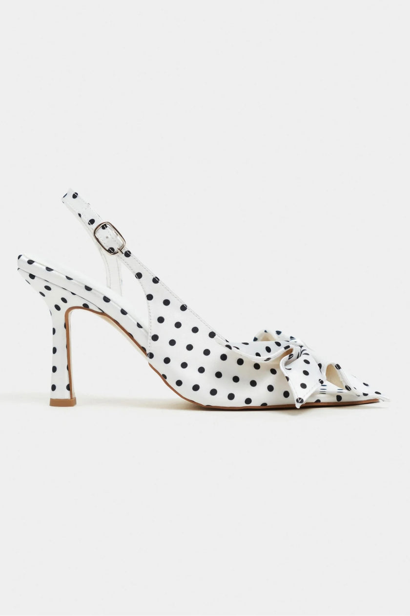 LOREA White Polka Dot Satin Bow Detail Women’s Heels