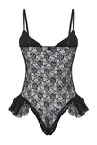 Black Lace and Satin Ruffled Unlined Fantasy Bodysuit