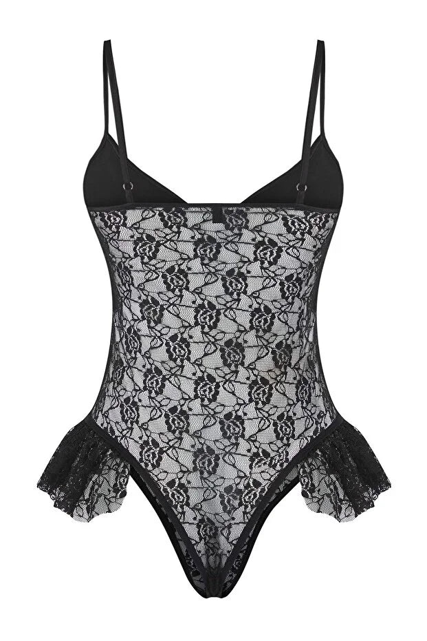 Black Lace and Satin Ruffled Unlined Fantasy Bodysuit