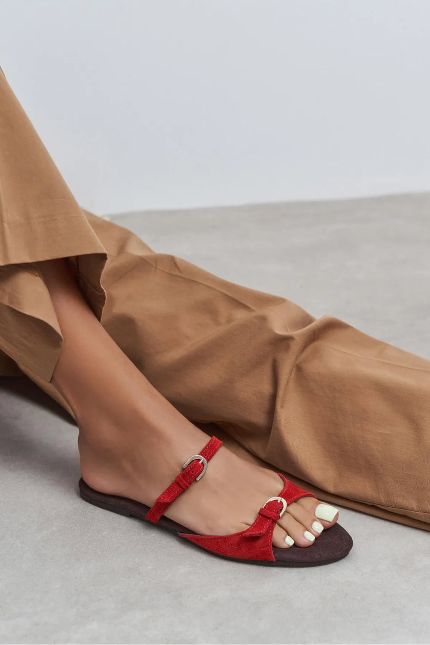 CALINA Red Suede Double Buckle Women's Flat Slippers