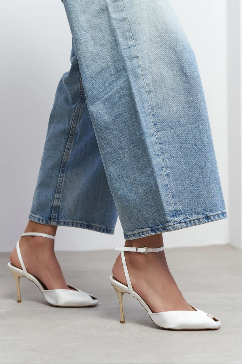 VELA Pearl Satin Ankle Tie Open Toe Women’s Heels