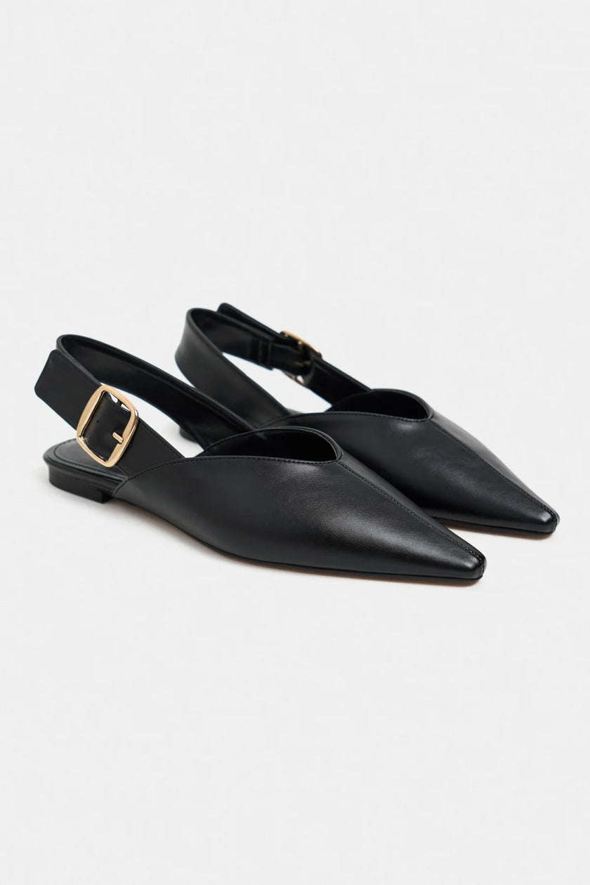 BENETO Black Matte Pointed Toe Belt Detail Women’s Ballet Flats
