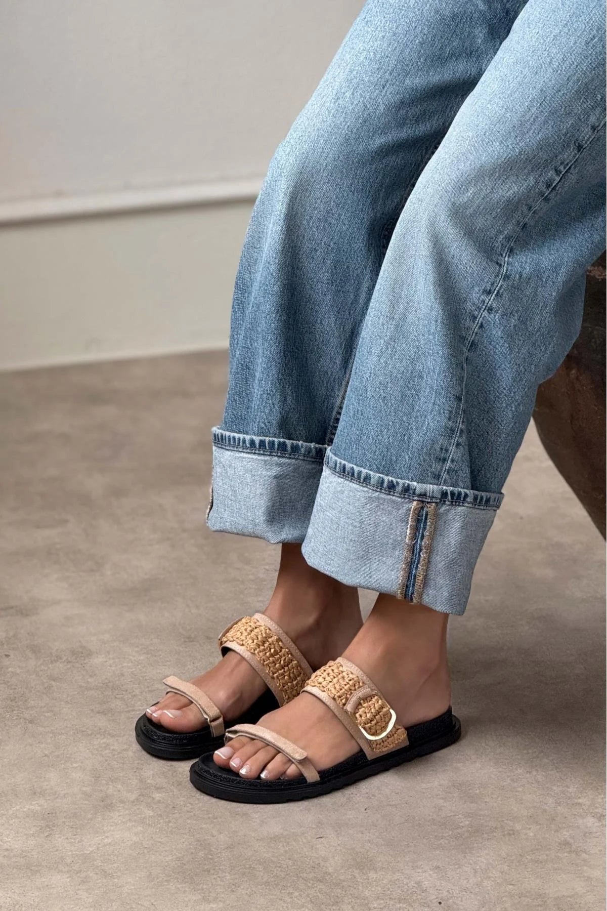 Joke Camel Suede Buckled Knit Detail Flat Sole Women's Slippers