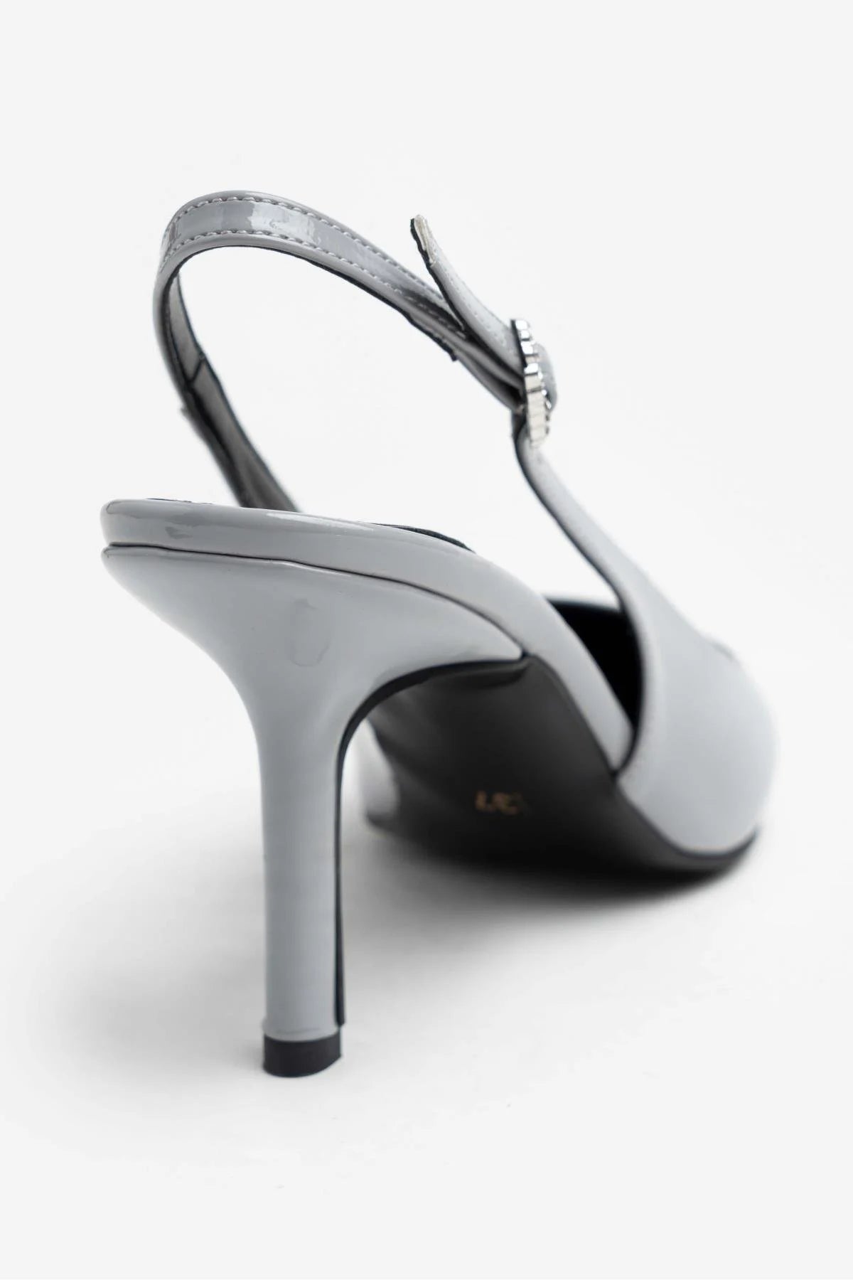 Mendy Gray Patent Leather Belt Detail Pointed Toe Women's High Heel Shoes