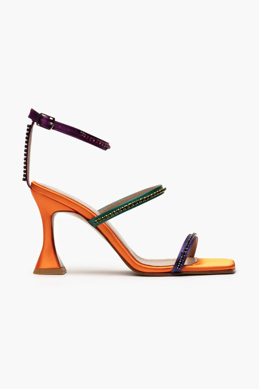 SOFIA ORANGE COLORED SATIN STONE DETAIL HEEL WOMEN'S SANDALS