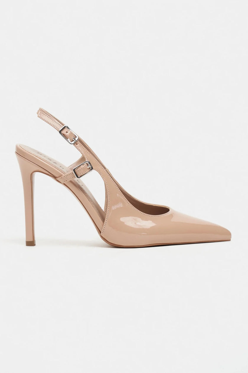 LADONIA Nude Patent Buckle Detail Open Back Women’s Heels