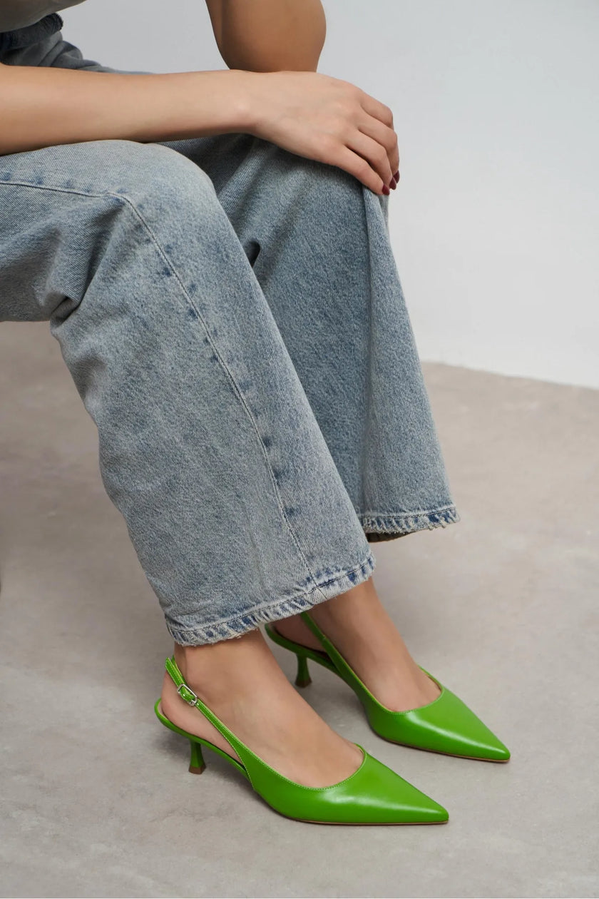 MEGY Green Matte Backless Buckle Detail Pointed Toe Women’s Heeled Shoes
