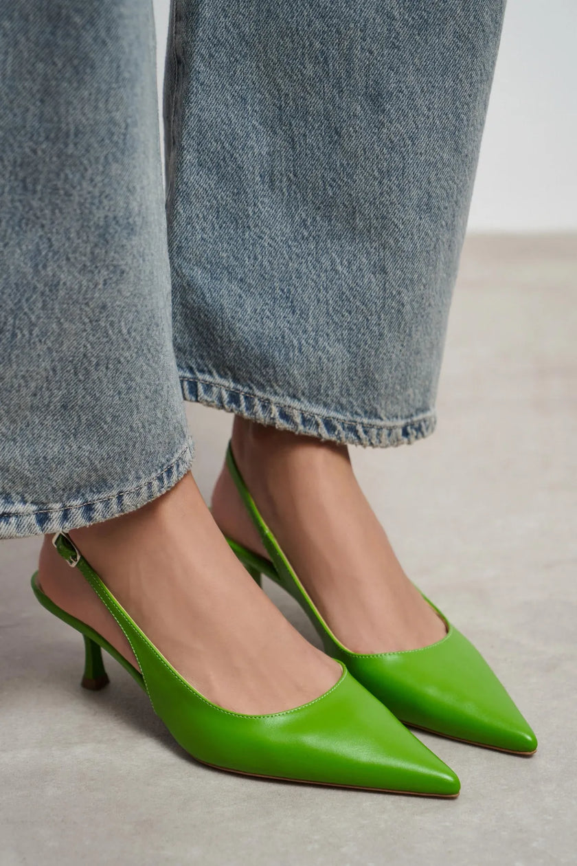 MEGY Green Matte Backless Buckle Detail Pointed Toe Women’s Heeled Shoes