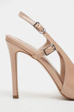 LADONIA Nude Patent Buckle Detail Open Back Women’s Heels