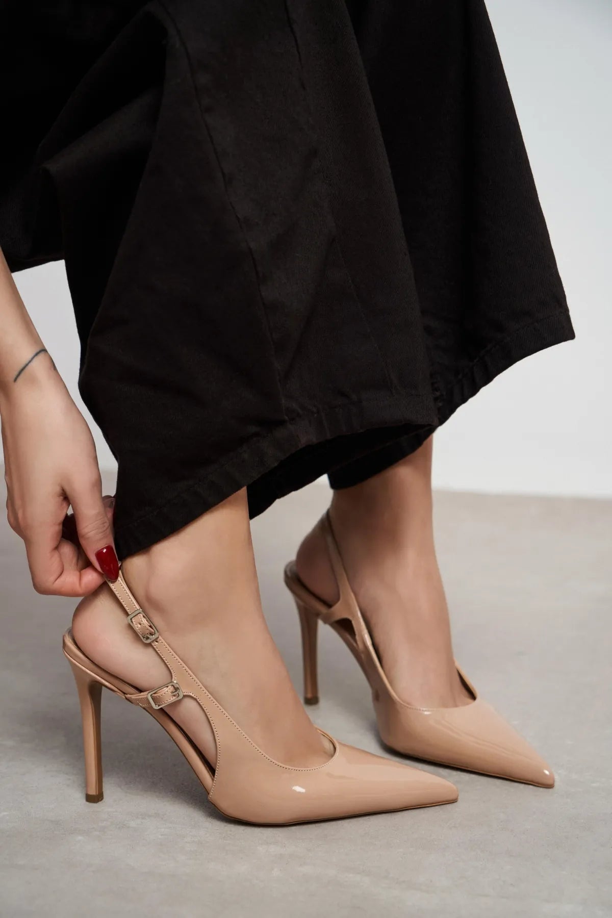 LADONIA Nude Patent Buckle Detail Open Back Women’s Heels
