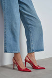 LADONIA Red Patent Buckle Detail Open Back Women’s Heels