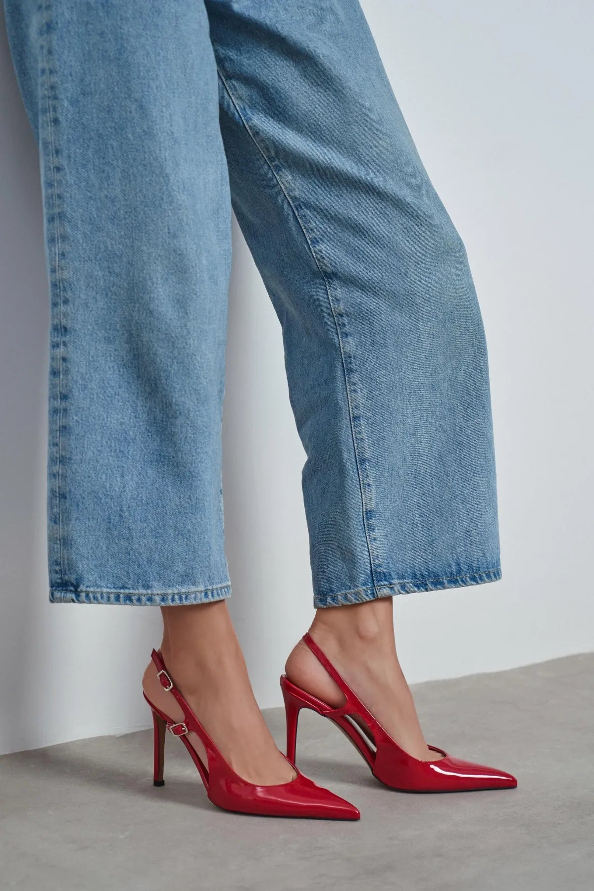 LADONIA Red Patent Buckle Detail Open Back Women’s Heels