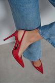 LADONIA Red Patent Buckle Detail Open Back Women’s Heels