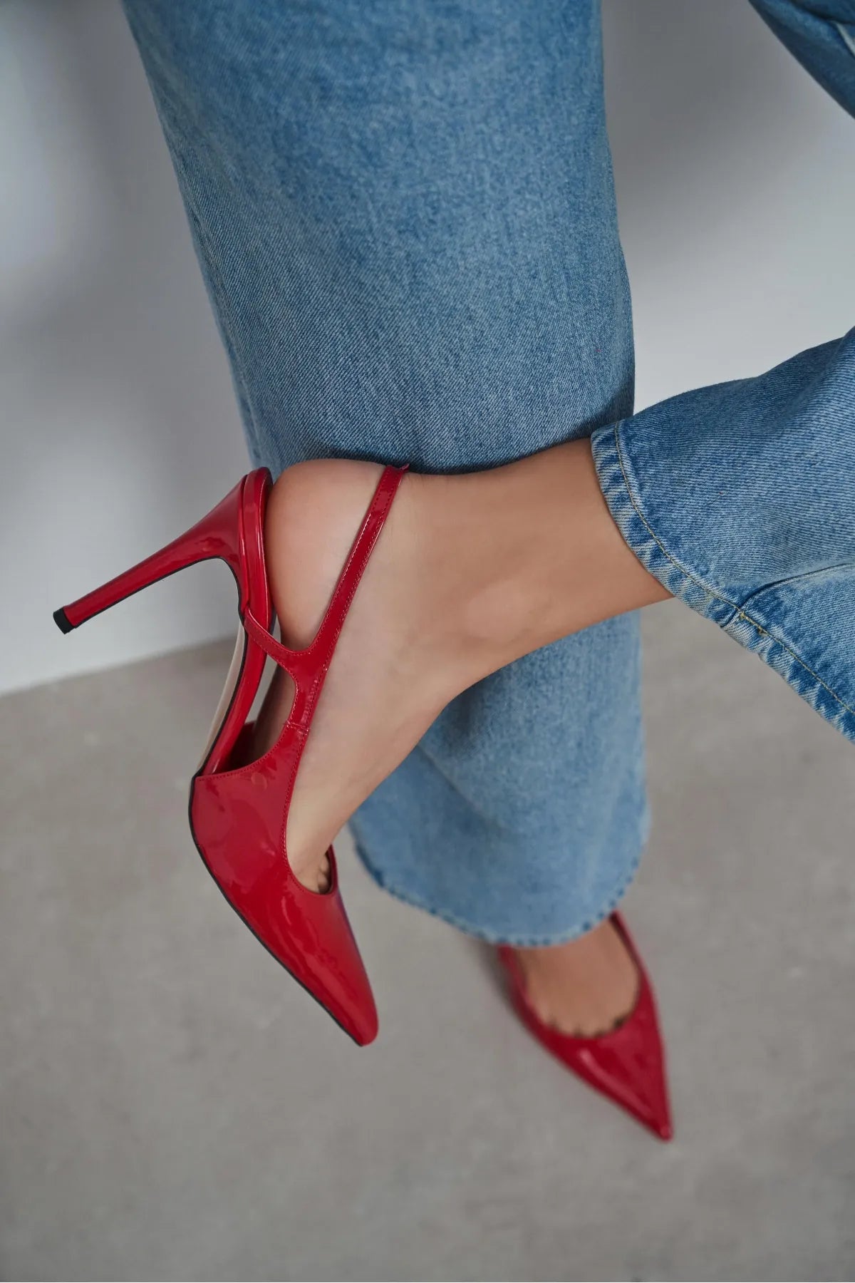 LADONIA Red Patent Buckle Detail Open Back Women’s Heels