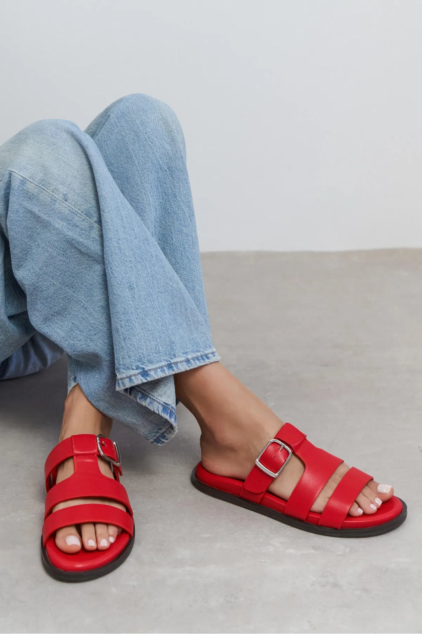 SPIRIT Red Matte Buckle Detail Flat Women’s Slippers