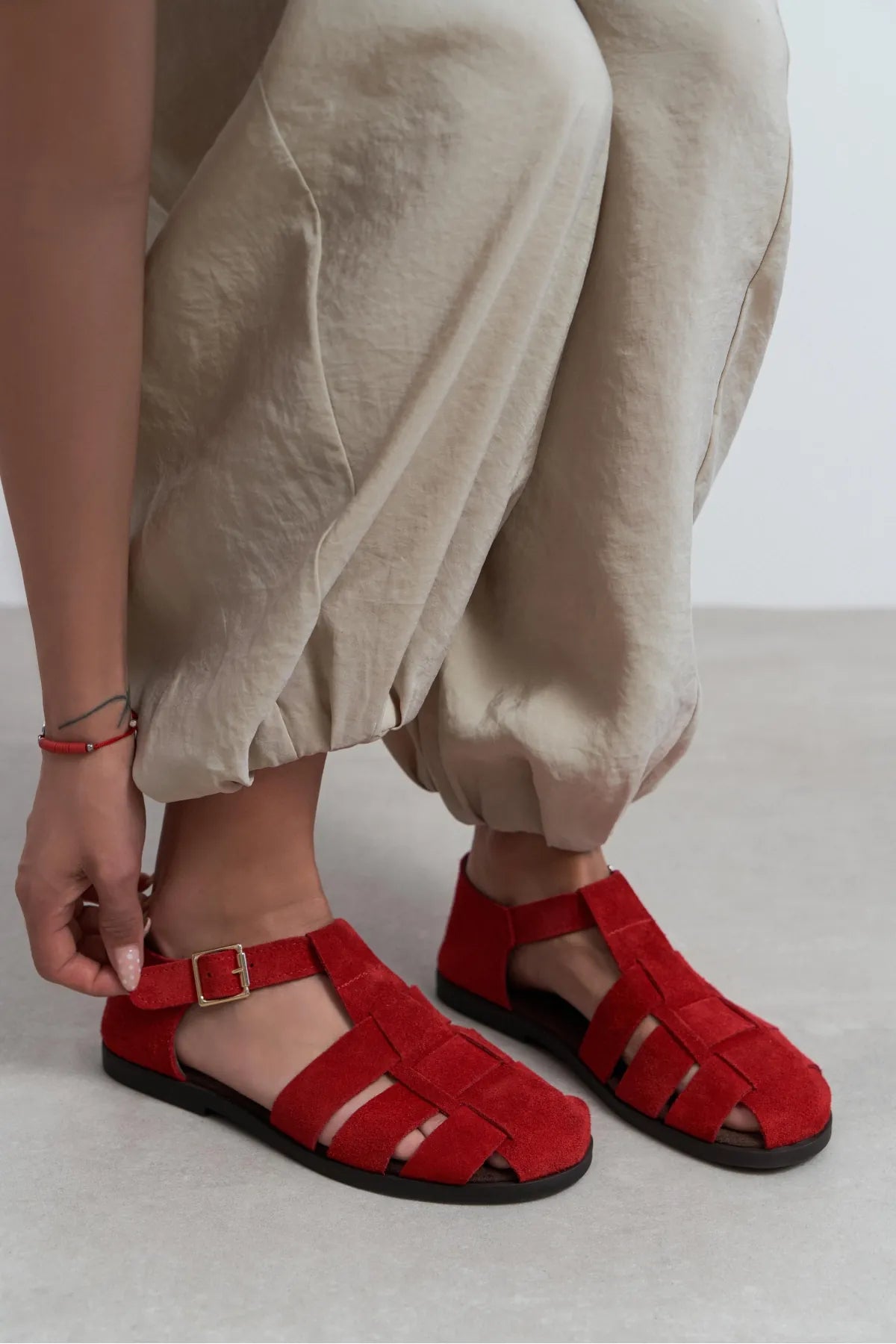 MARCEL Red Suede Genuine Leather Buckle Detail Women’s Flat Sandals | FOOTWEAR | SANDALET | Lebbse MARCEL Red Suede Genuine Leather Buckle Detail Women’s Flat Sandals | FOOTWEAR | SANDALET | Lebbse