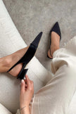 VIKTOR Black Matte Satin Pointed Toe Ankle Strap Detail Women’s Low Heel Ballet Shoes