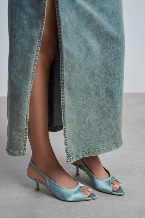 SALVA Turquoise Satin Pointed Toe Open Front Women’s Heels