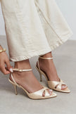 MONICA Beige Satin Ankle-Strap Detail Women’s Slim High-Heel Shoes