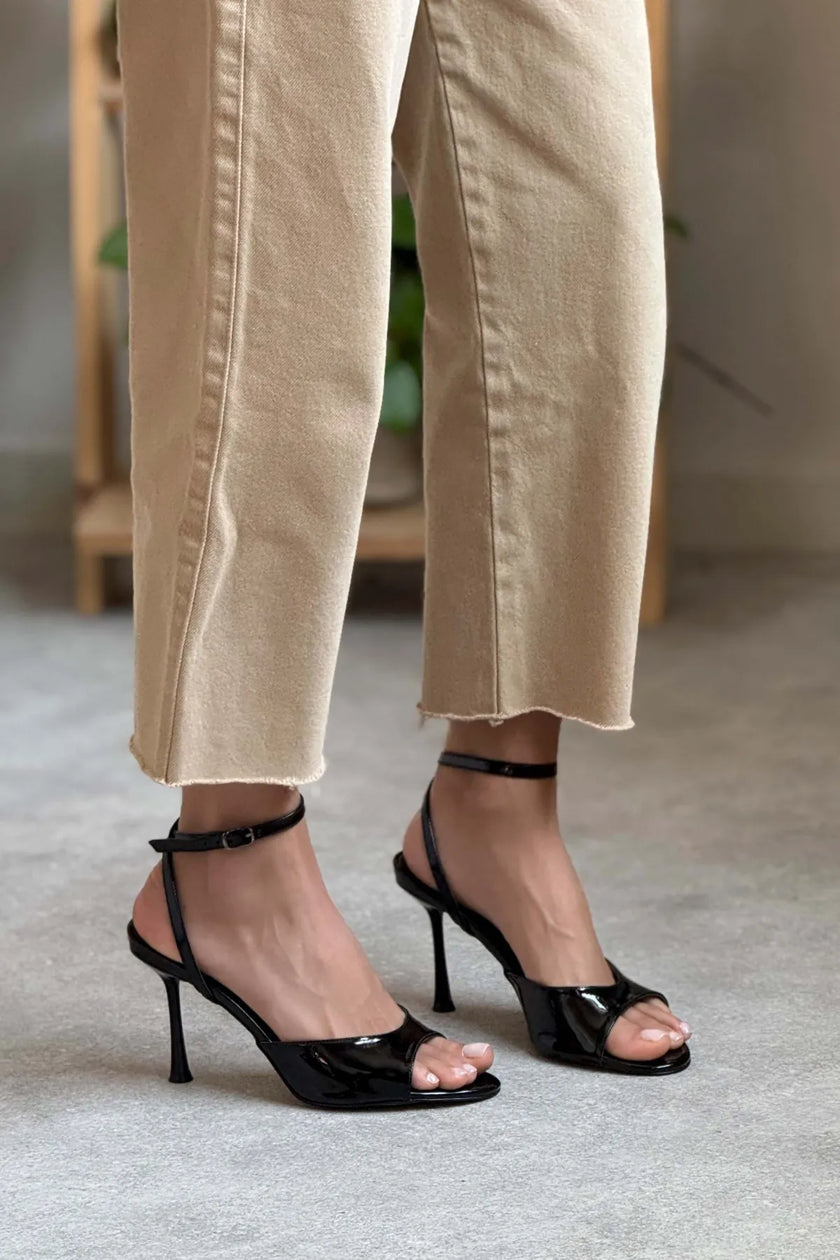 CHARMS Black Patent Ankle-Strap Detail Women’s Slim High-Heel Shoes