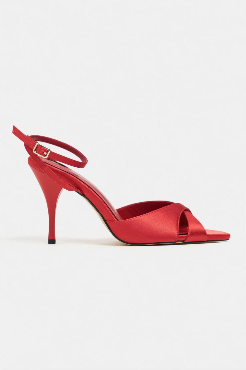 MONICA Red Satin Ankle Strap Detail Women’s Stiletto Heels