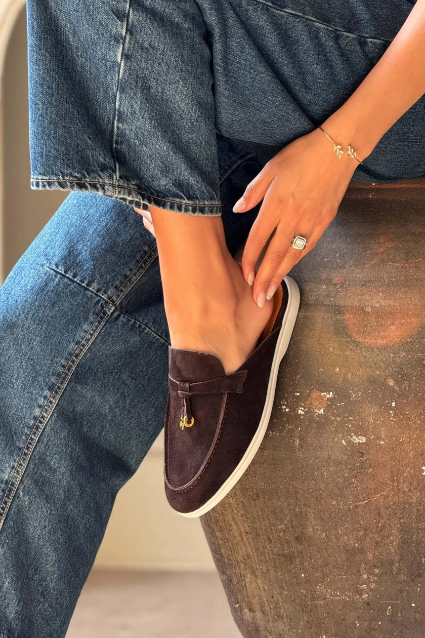 Most Brown Suede Genuine Leather Tassel Detail Flat Sole Women's Slippers