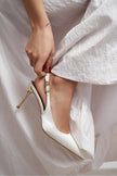 VIORA Pearl Satin Buckle Detail Women’s Gold Heel Shoes