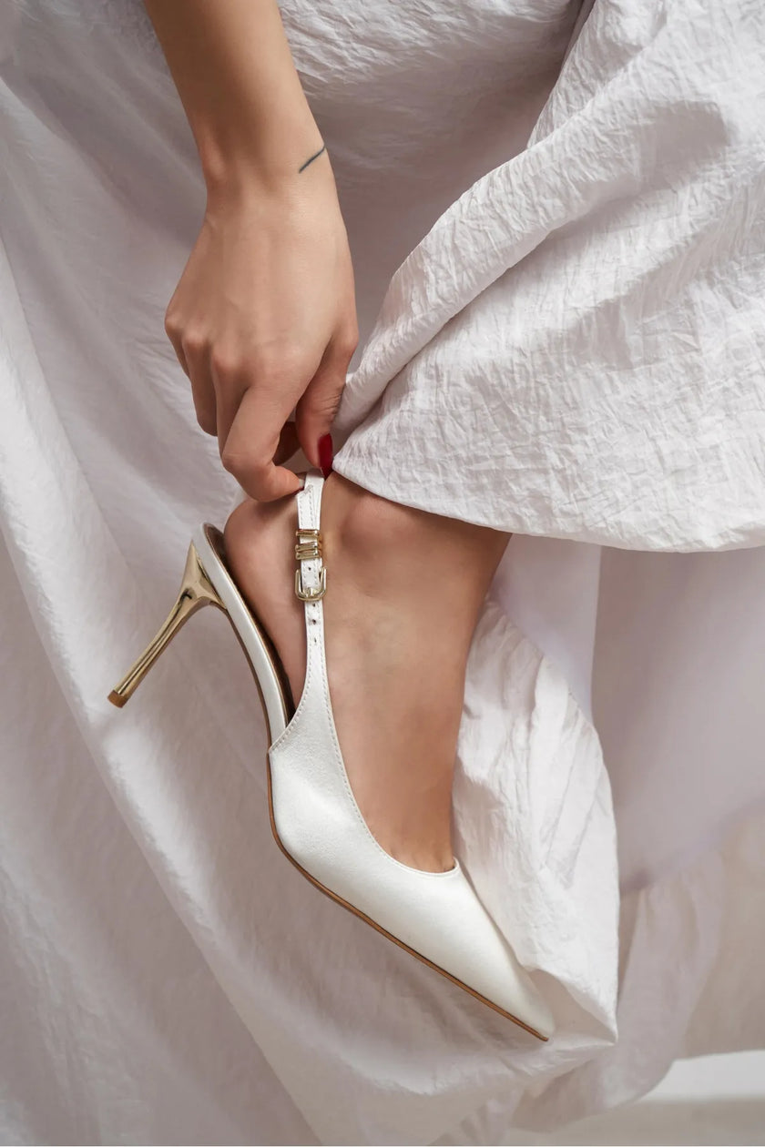 VIORA Pearl Satin Buckle Detail Women’s Gold Heel Shoes