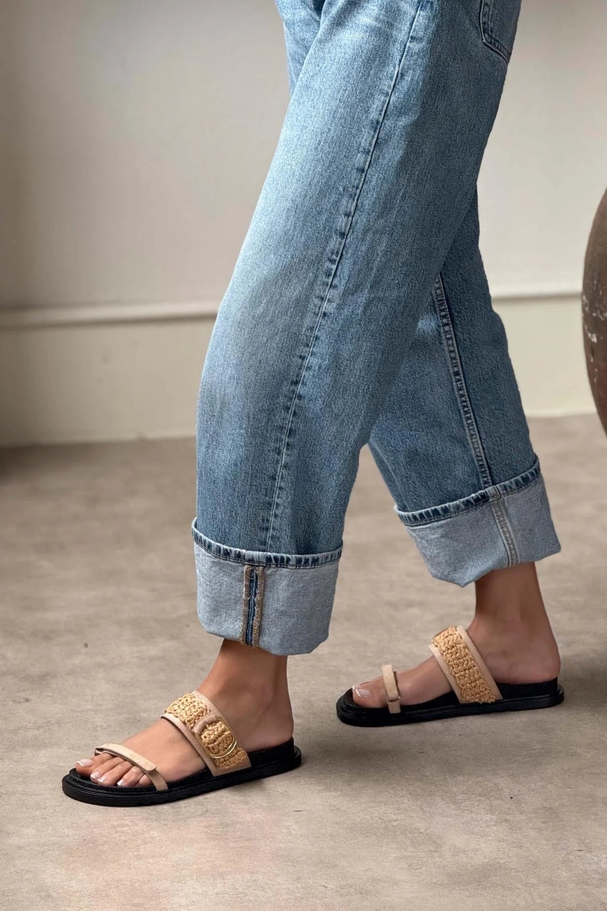 Joke Camel Suede Buckled Knit Detail Flat Sole Women's Slippers