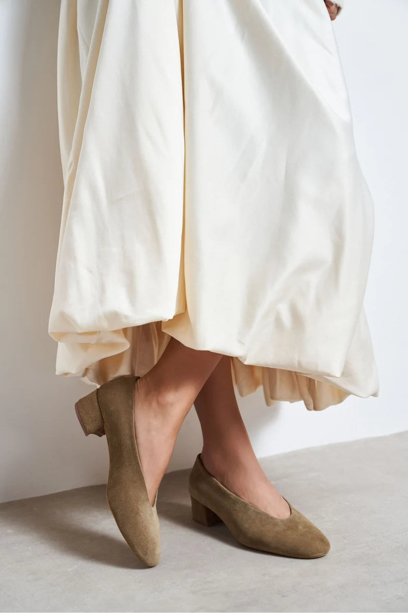 SAMIA Rome Beige Genuine Suede Leather Block Heel Flats – 4 cm