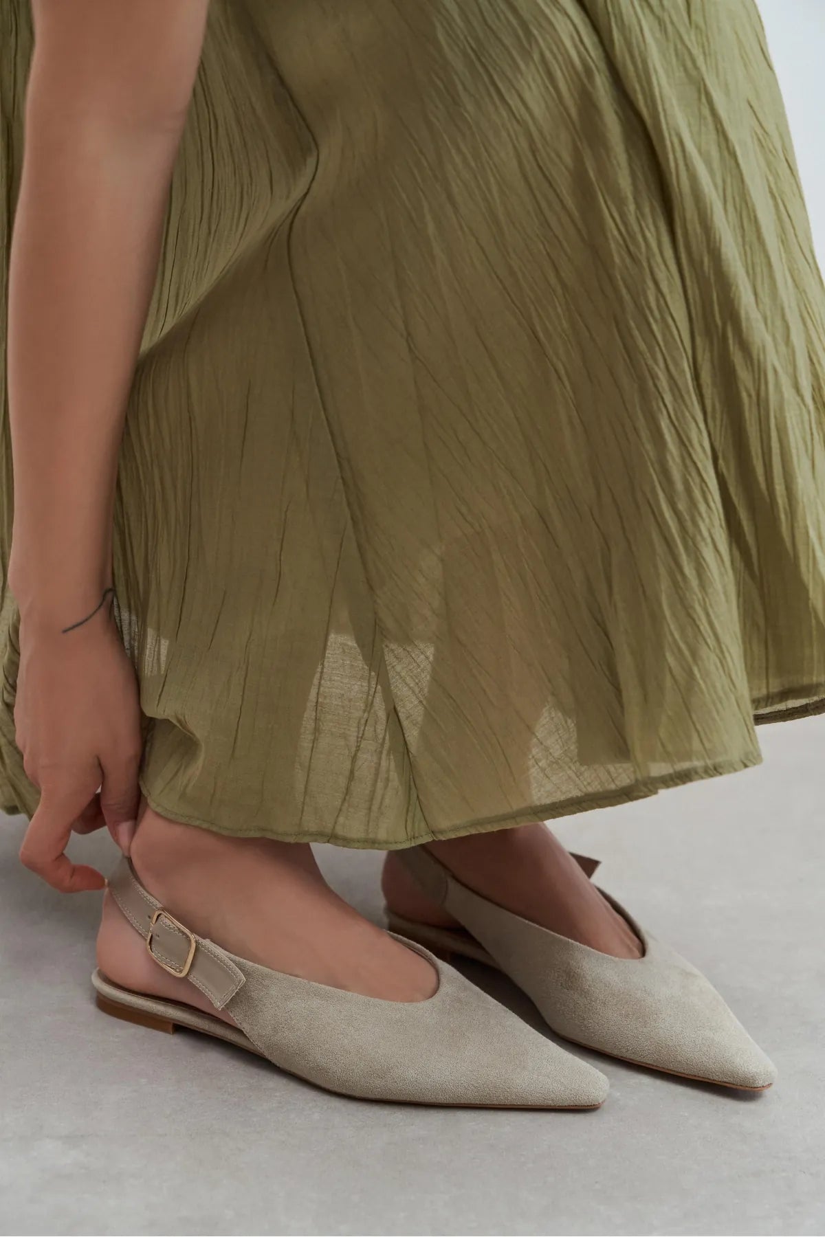 TESSA Beige Suede Pointed Toe Buckle Detail Low Heel Women’s Flats