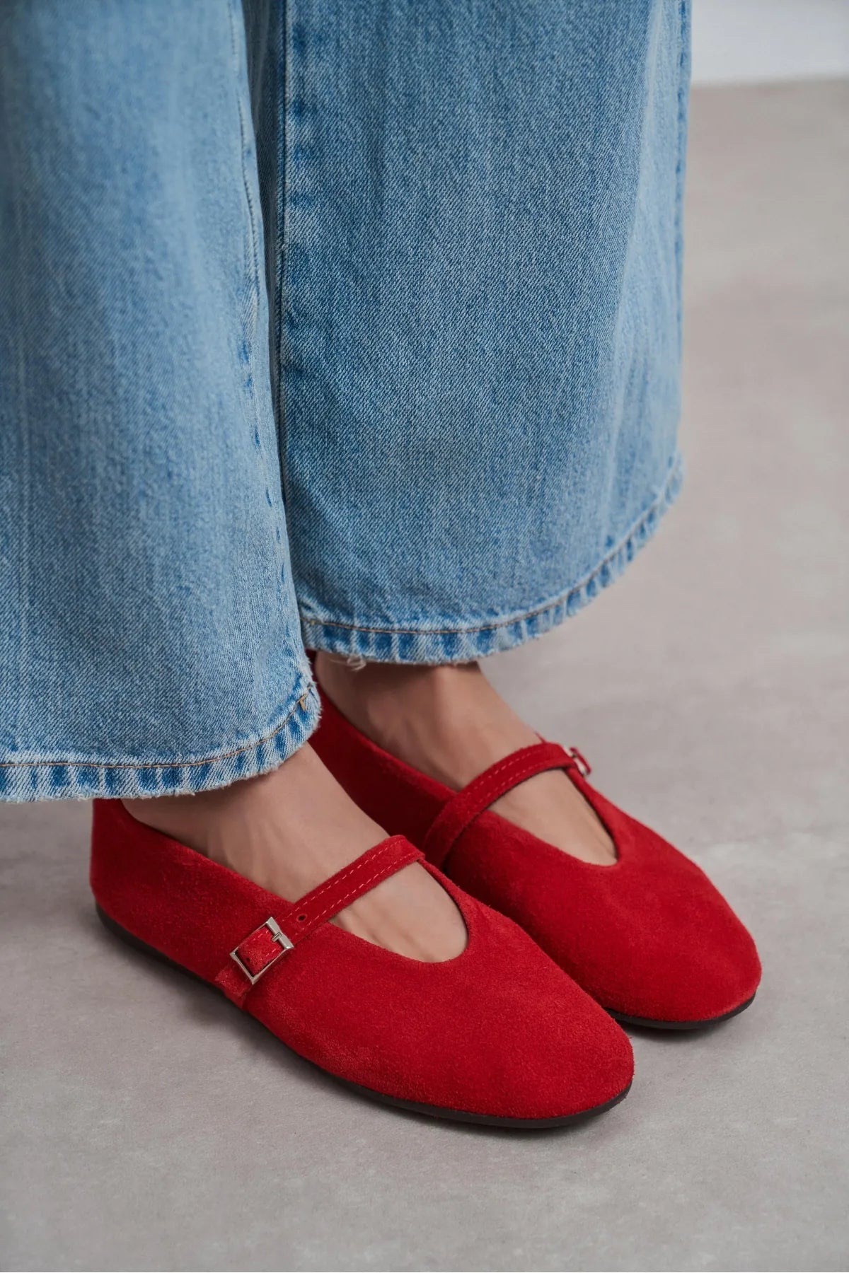MERA Red Suede Buckle Detail Genuine Leather Women’s Flat Ballet Shoes