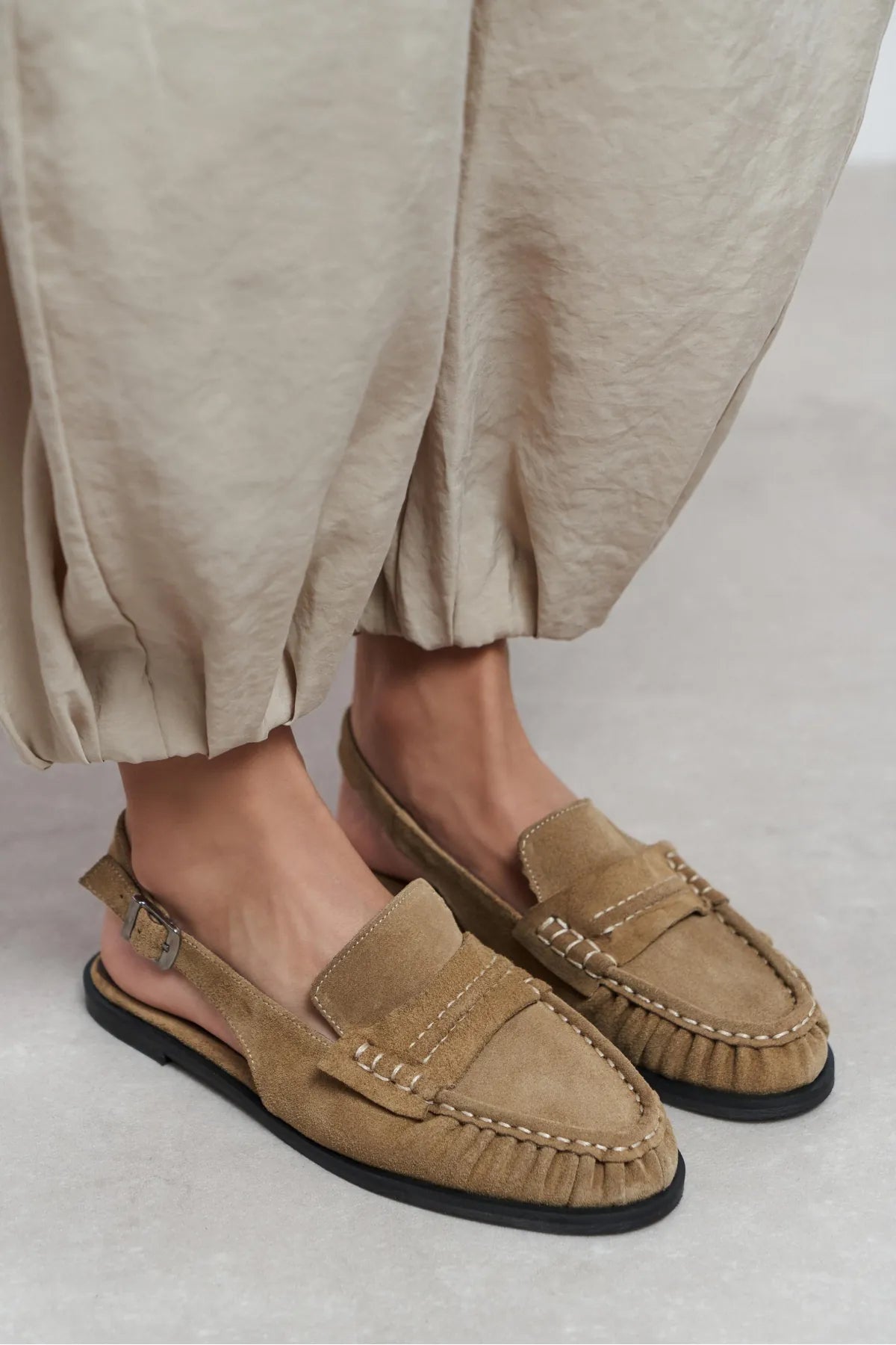 MOSBY Rome Beige Suede Buckle Detail Women’s Flat Loafer Slippers