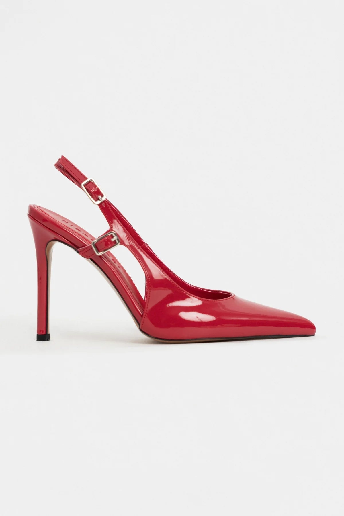 LADONIA Red Patent Buckle Detail Open Back Women’s Heels