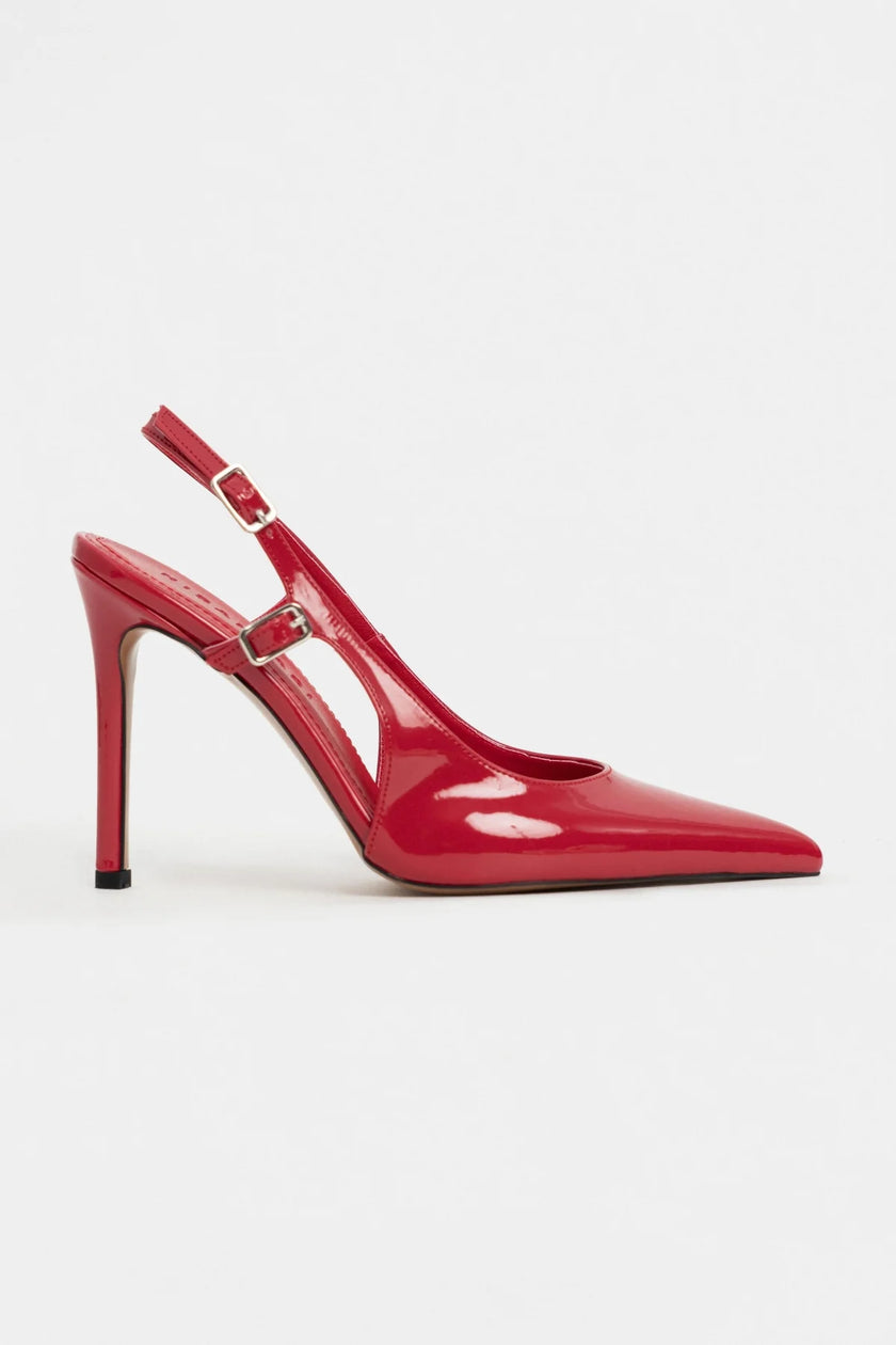 LADONIA Red Patent Buckle Detail Open Back Women’s Heels