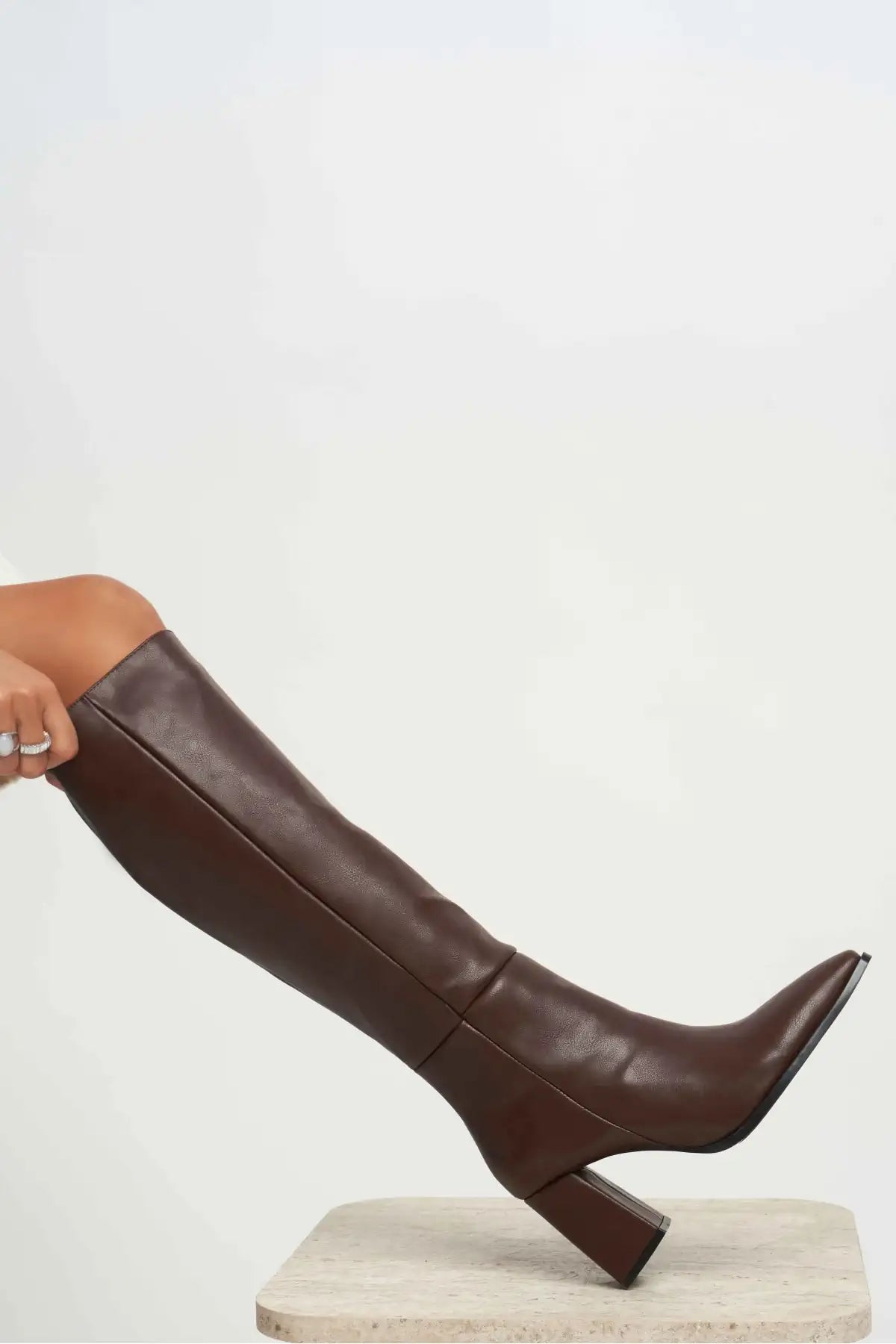 JULES BROWN MATTE ZIPPER DETAIL WOMEN'S HIGH-HEEL BOOTS