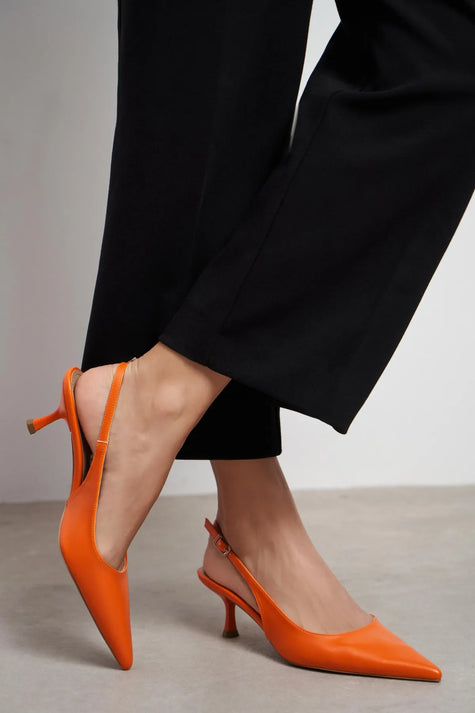 MEGY Orange Matte Backless Buckle Detail Pointed Toe Women’s Heeled Shoes