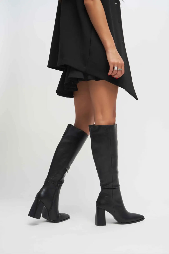 JULES BLACK MATTE ZIPPER DETAIL WOMEN'S HIGH-HEEL BOOTS