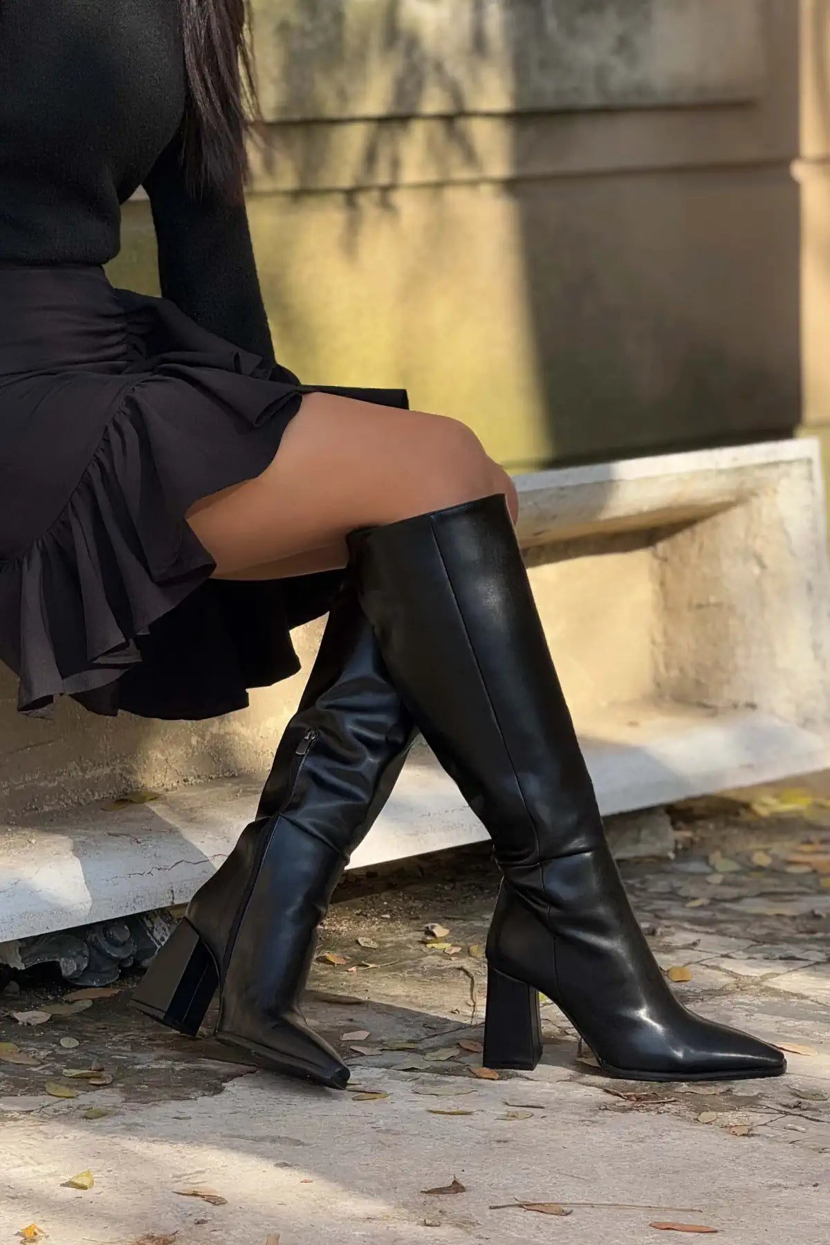 JULES BLACK MATTE ZIPPER DETAIL WOMEN'S HIGH-HEEL BOOTS