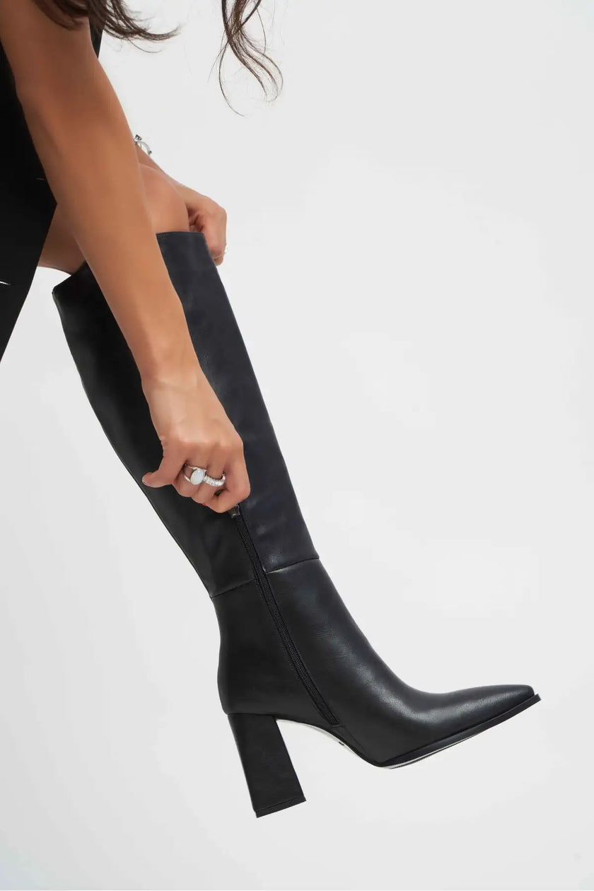 JULES BLACK MATTE ZIPPER DETAIL WOMEN'S HIGH-HEEL BOOTS