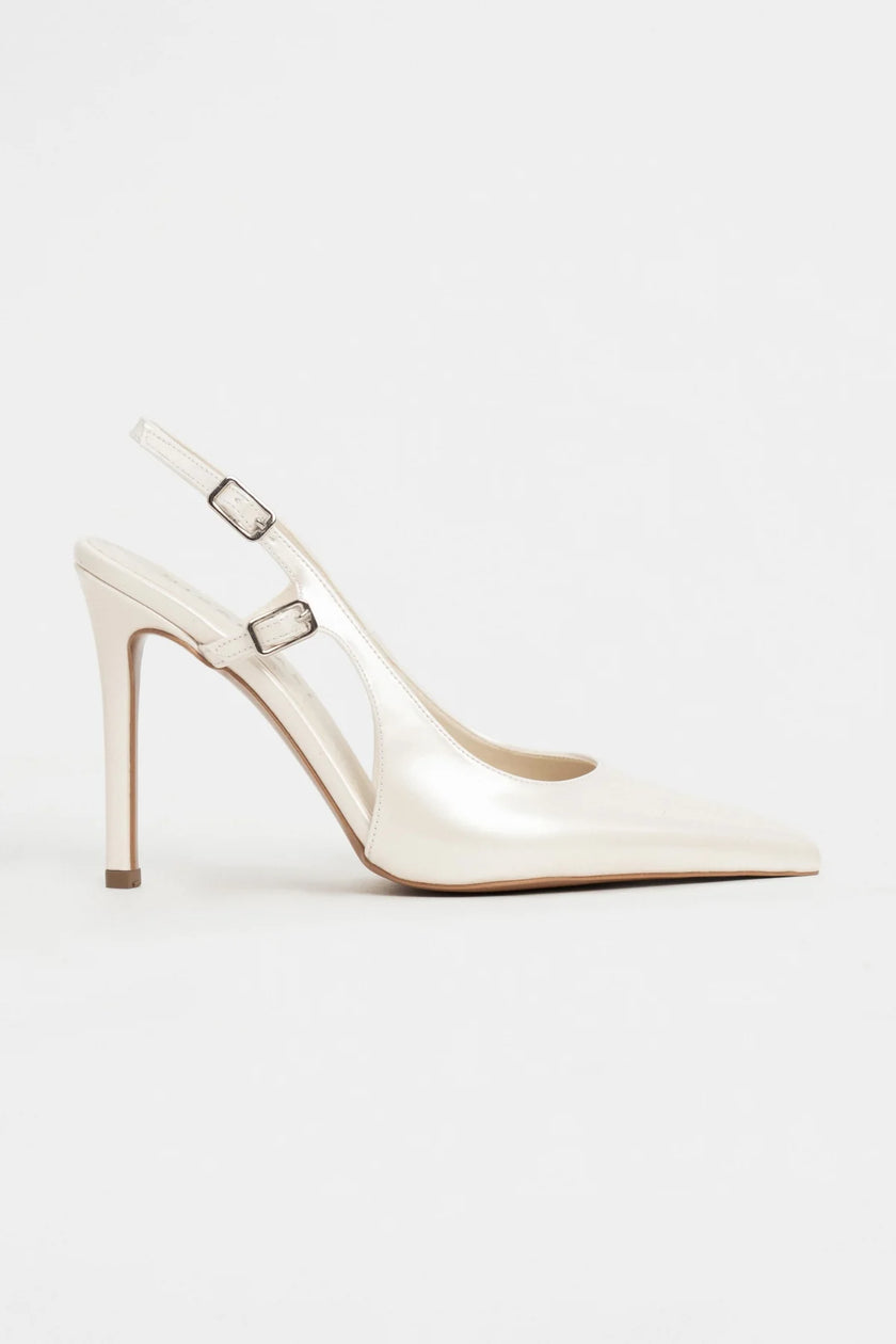 LADONIA Pearl Patent Buckle Detail Open Back Women’s Heels