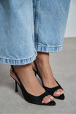 MAIA Black Satin Pointed Toe Open Front Women’s Heels